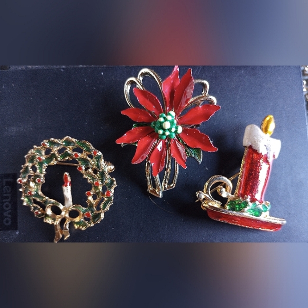 Lot of 3,Antique Christmas brooches.Gold with reds greens and yellow.